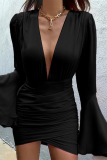 White Formal Evening Party Gown Ruched V Neck Flare Sleeve Wrapped Skirt Ruched Bodycon Mini Dresses