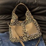 Khaki Daily Leopard Print PU Patchwork Zipper Shoulder Crossbody Tote Bags