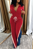 Black Contrast Stripe Sportwear Zip-up Stand Collar Long Sleeve Jacket and Straight Sweatpants Fall Winter Two Pieces Sweatsuit Sets