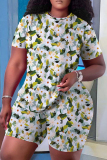 Multicolor Casual Skinny Floral Print Round Neck Short Sleeve T-shirt and Shorts Two Pieces Matching Sets