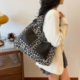 Khaki Daily Leopard Print PU Patchwork Zipper Shoulder Crossbody Tote Bags
