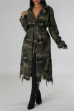 Dark Green Casual Camouflage Print Ripped Buttons With Belt Turndown Collar Fall Winter Long Trendy Coats Outerwear