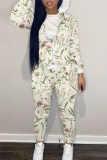 Khaki Sportwear Floral Print Hooded Zip Up Long Sleeve Jackets and Pencil Sweatpants Fall Winter Two Pieces Sweatsuits Sets