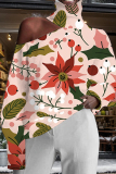 Light Pink Casual Floral Print Hollow Out Turtleneck Long Sleeve Fall Winter Blouse