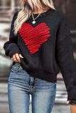 Black Heart Shaped Weaved Contrast Casual Loose Round Neck Long Sleeve Fall Winter Knitted Sweater Top