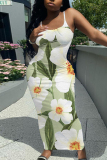 Light Green Floral Print Sleeveless Backless Spaghetti Strap Casual Outing Vacation Bodycon Cami Maxi Dress