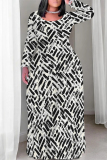 Beige Casual Geometric Flowers Print Pocket V Neck Long Sleeve Floor Length Maxi Dresses