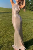 Gold Sequins Evening Party Gown Backless Sleeveless Mermaid Hem One Step Skirt Halter Bodycon Glitter Prom Maxi Dress