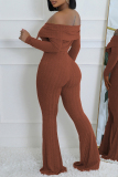 Red Skinny Casual Off Shoulder Lapel Collar Long Sleeve Crop Tops and Flare Leg Pants Two Pieces Sets
