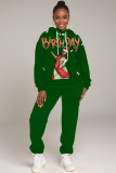 Red Sportwear Christmas Hat Letter Santa Print Hooded Long Sleeve Sweatshirt and Pencil Sweatpants Fall Winter Two Pieces Sweatsuits Sets