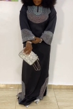 Black Hot Drilling Embellished O Neck and Long Sleeve Side Slit Long Loose Formal Gathering Kaftan Maxi Dresses