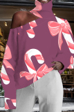 Light Pink Casual Floral Print Hollow Out Turtleneck Long Sleeve Fall Winter Blouse