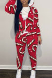 Khaki Sportwear Floral Print Hooded Zip Up Long Sleeve Jackets and Pencil Sweatpants Fall Winter Two Pieces Sweatsuits Sets