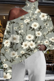 Light Pink Casual Floral Print Hollow Out Turtleneck Long Sleeve Fall Winter Blouse