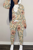 Khaki Sportwear Floral Print Hooded Zip Up Long Sleeve Jackets and Pencil Sweatpants Fall Winter Two Pieces Sweatsuits Sets