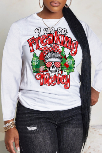 White Red Christmas Casual Skull Tree Print Round Neck Long Sleeve T-shirts Tops
