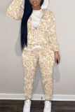 Khaki Sportwear Floral Print Hooded Zip Up Long Sleeve Jackets and Pencil Sweatpants Fall Winter Two Pieces Sweatsuits Sets