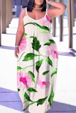 Blue Floral Print Sleeveless Backless Spaghetti Strap Floor Length Casual Outing Vacation Straight Loose Maxi Slip Dress