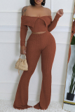 Red Skinny Casual Off Shoulder Lapel Collar Long Sleeve Crop Tops and Flare Leg Pants Two Pieces Sets