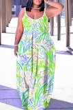 Blue Floral Print Sleeveless Backless Spaghetti Strap Floor Length Casual Outing Vacation Straight Loose Maxi Slip Dress