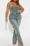 Blue Casual Skinny Floral Print Patchwork Pocket Buttons Zipper High Waist Flared Denim Jeans