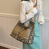 Khaki Daily Leopard Print PU Patchwork Zipper Shoulder Crossbody Tote Bags