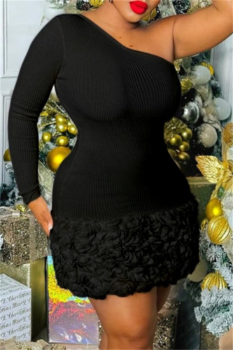 Black Party Formal Evening Backless Oblique Collar Single Sleeve Floral Applique Hem Bodycon Cocktail Mini Dresses