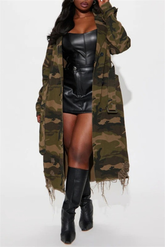Dark Green Casual Camouflage Print Ripped Buttons With Belt Turndown Collar Fall Winter Long Trendy Coats Outerwear