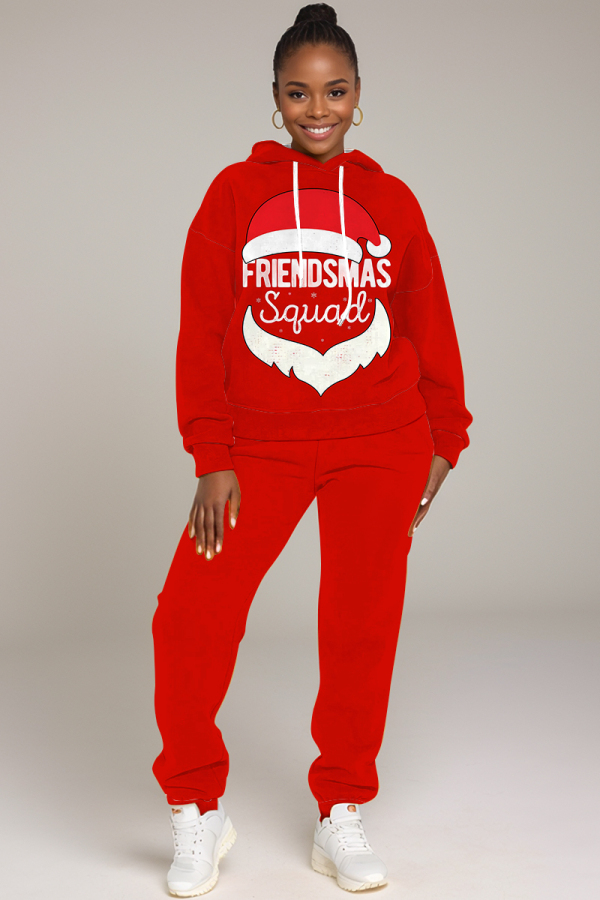 Red Sportwear Christmas Hat Letter Santa Print Hooded Long Sleeve Sweatshirt and Pencil Sweatpants Fall Winter Two Pieces Sweatsuits Sets