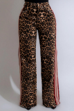 Casual Leopard Stripe Print Pocket Patchwork Loose High Waist Wide Leg Pants Bottoms