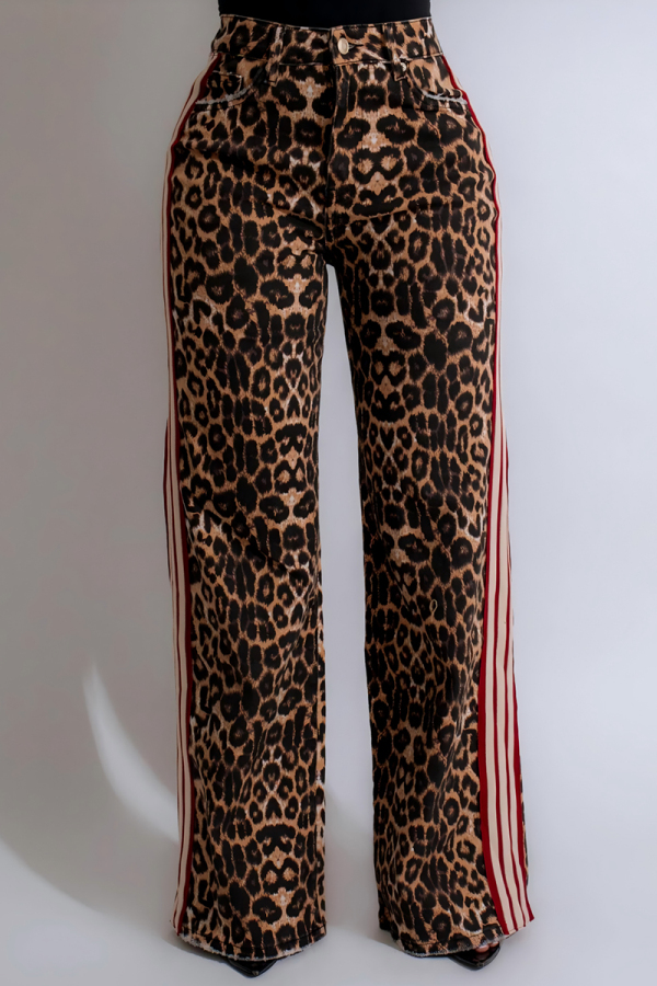Casual Leopard Stripe Print Pocket Patchwork Loose High Waist Wide Leg Pants Bottoms