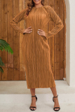Red Formal Office Lady Party Evening O Neck Long Sleeve Textured Pleated Bodycon Maxi Dresses