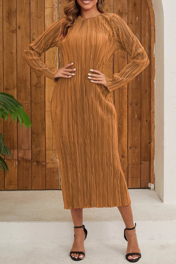 Red Formal Office Lady Party Evening O Neck Long Sleeve Textured Pleated Bodycon Maxi Dresses
