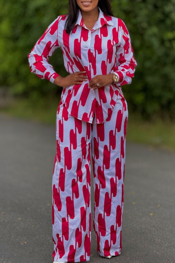 Red Casual African Print Contrast Button up Turndown Collar Long Sleeve Shirts and Wide Leg Pants Two Pieces Sets