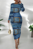 Blue Casual Graphics Print O Neck Long Sleeve Wrapped Skirt Formal Office Lady Bodycon Midi Dresses