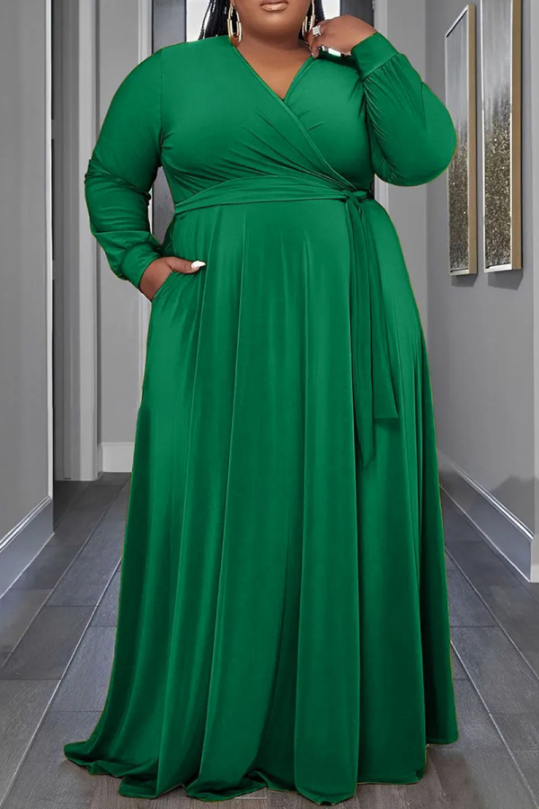 Green Formal Evening Party V Neck Long Sleeve Pocket Long Loose Vacation Plus Size Pleated Maxi Dresses