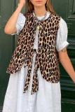 Casual Street Leopard Print Lace Up Tie-front Slit Round Neck Tops Vests Waistcoats