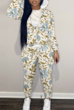 Khaki Sportwear Floral Print Hooded Zip Up Long Sleeve Jackets and Pencil Sweatpants Fall Winter Two Pieces Sweatsuits Sets