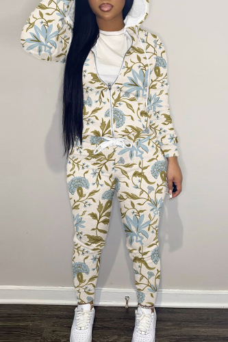 Khaki Sportwear Floral Print Hooded Zip Up Long Sleeve Jackets and Pencil Sweatpants Fall Winter Two Pieces Sweatsuits Sets