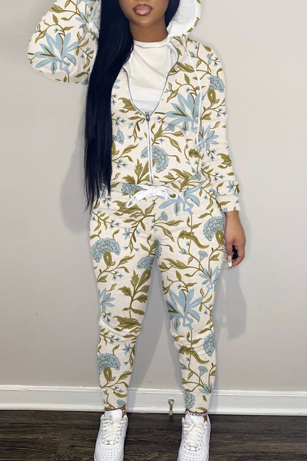 Khaki Sportwear Floral Print Hooded Zip Up Long Sleeve Jackets and Pencil Sweatpants Fall Winter Two Pieces Sweatsuits Sets