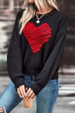 Black Heart Shaped Weaved Contrast Casual Loose Round Neck Long Sleeve Fall Winter Knitted Sweater Top