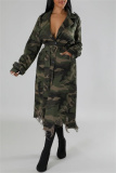 Dark Green Casual Camouflage Print Ripped Buttons With Belt Turndown Collar Fall Winter Long Trendy Coats Outerwear