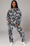 Dark Army Green Sportwear Camouflage Print Round Neck Long Sleeve Sweatshirt and Pencil Sweatpants Fall Winter Two Pieces Sweatsuits Sets