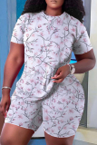 Multicolor Casual Skinny Floral Print Round Neck Short Sleeve T-shirt and Shorts Two Pieces Matching Sets
