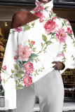 Light Pink Casual Floral Print Hollow Out Turtleneck Long Sleeve Fall Winter Blouse