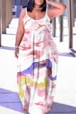 Blue Floral Print Sleeveless Backless Spaghetti Strap Floor Length Casual Outing Vacation Straight Loose Maxi Slip Dress