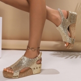 Black Sequin Hook Loop Open Toe Wedges Fish Mouth Comfortable Beach Shoes Sandals