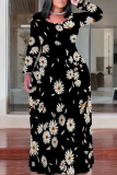 Beige Casual Geometric Flowers Print Pocket V Neck Long Sleeve Floor Length Maxi Dresses