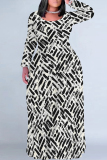 Beige Casual Geometric Flowers Print Pocket V Neck Long Sleeve Floor Length Maxi Dresses