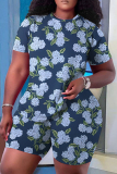 Multicolor Casual Skinny Floral Print Round Neck Short Sleeve T-shirt and Shorts Two Pieces Matching Sets